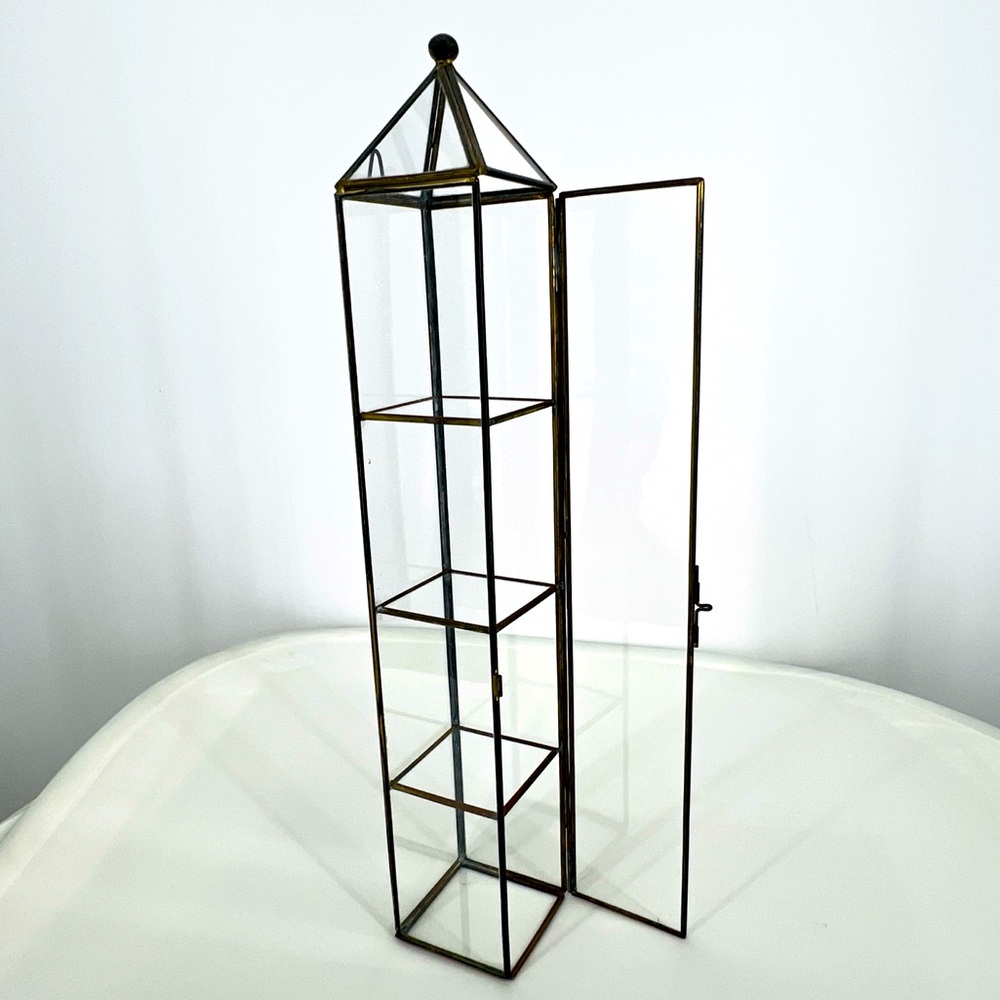 Vintage Brass & Glass Curio Cabinet 18" Tall Slim Miniature Display Case Regency